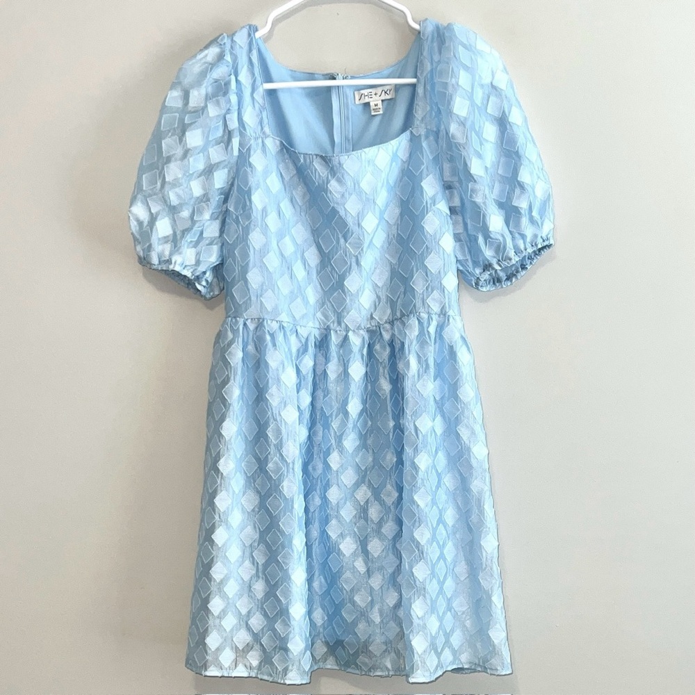 She + Sky Puff Sleeve Jacquard Mini Dress